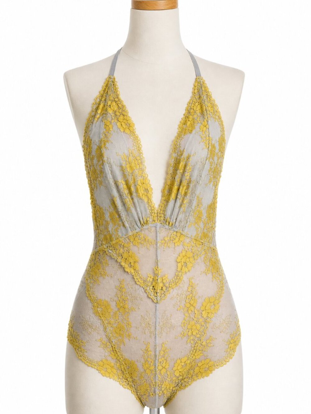 Wishlist Gray Gold Lace Bodysuit Deep V Sheer Halter Teddy Size S NWOT